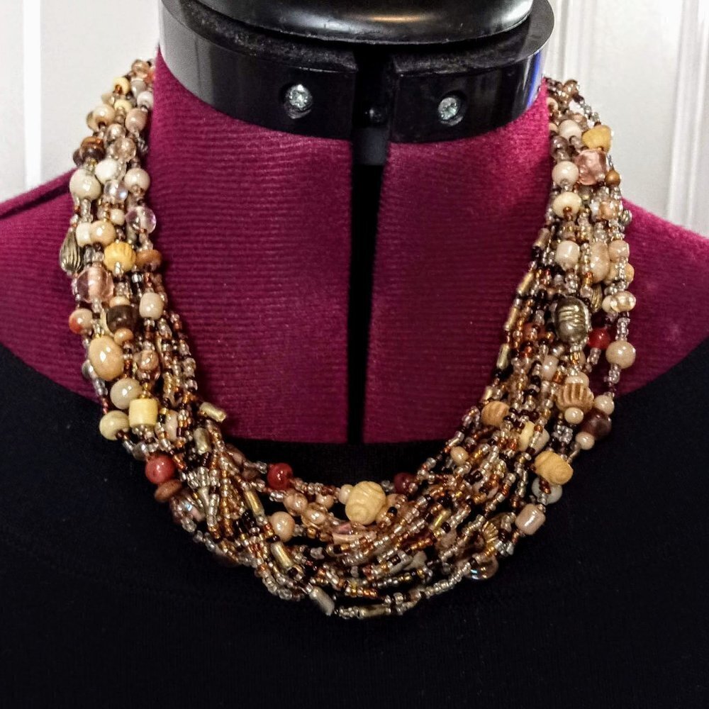 Vintage Multi-Strand Neutral Colors Bead Necklace
